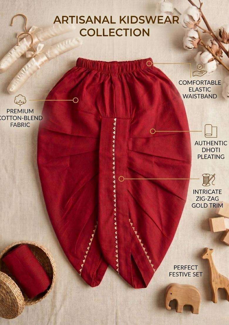 Red Solid Cotton Dhoti For Boys  - Indya