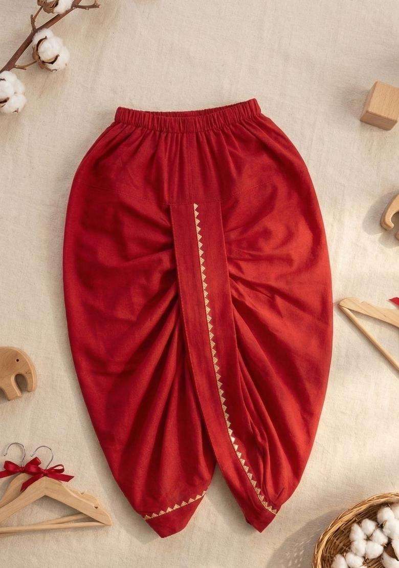 Red Solid Cotton Dhoti For Boys  - Indya