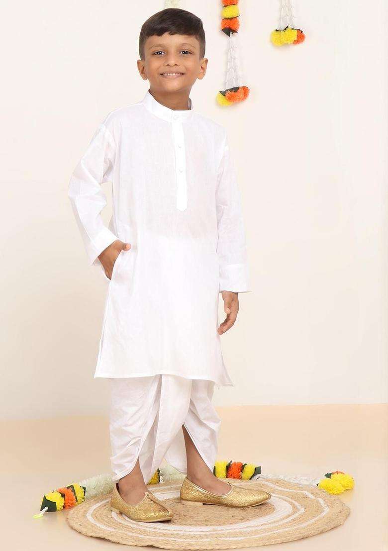 White Solid Cotton Dhoti For Boys  - Indya