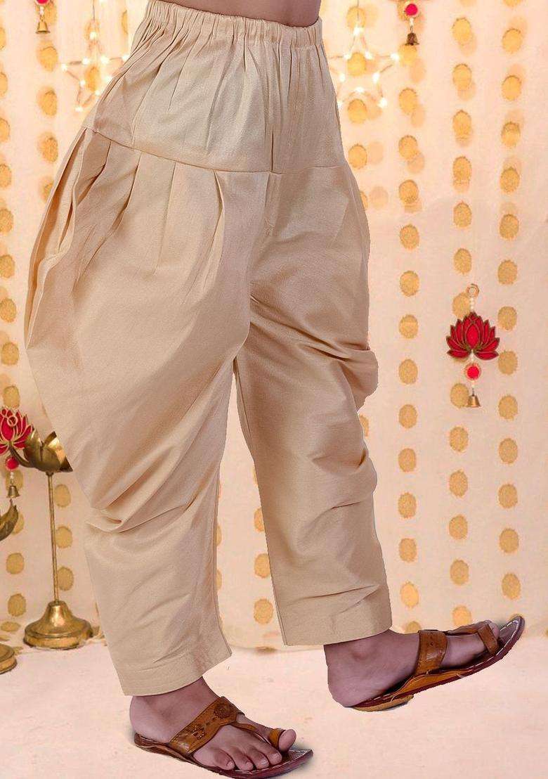 Beige Solid Silk Dhoti For Boys  - Indya