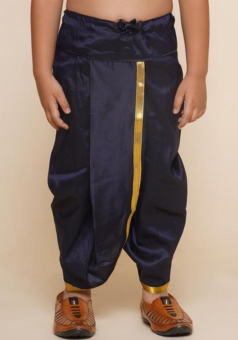 Blue Solid Art Silk Dhoti For Boys 