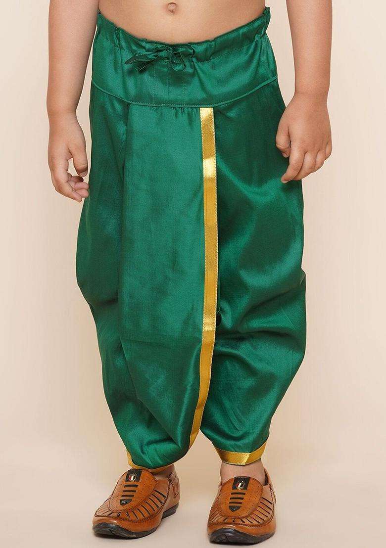 Green Solid Art Silk Dhoti For Boys  - Indya