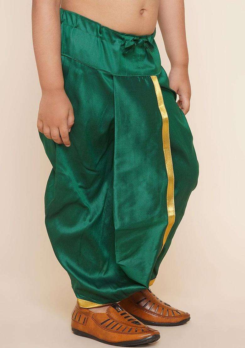 Green Solid Art Silk Dhoti For Boys  - Indya