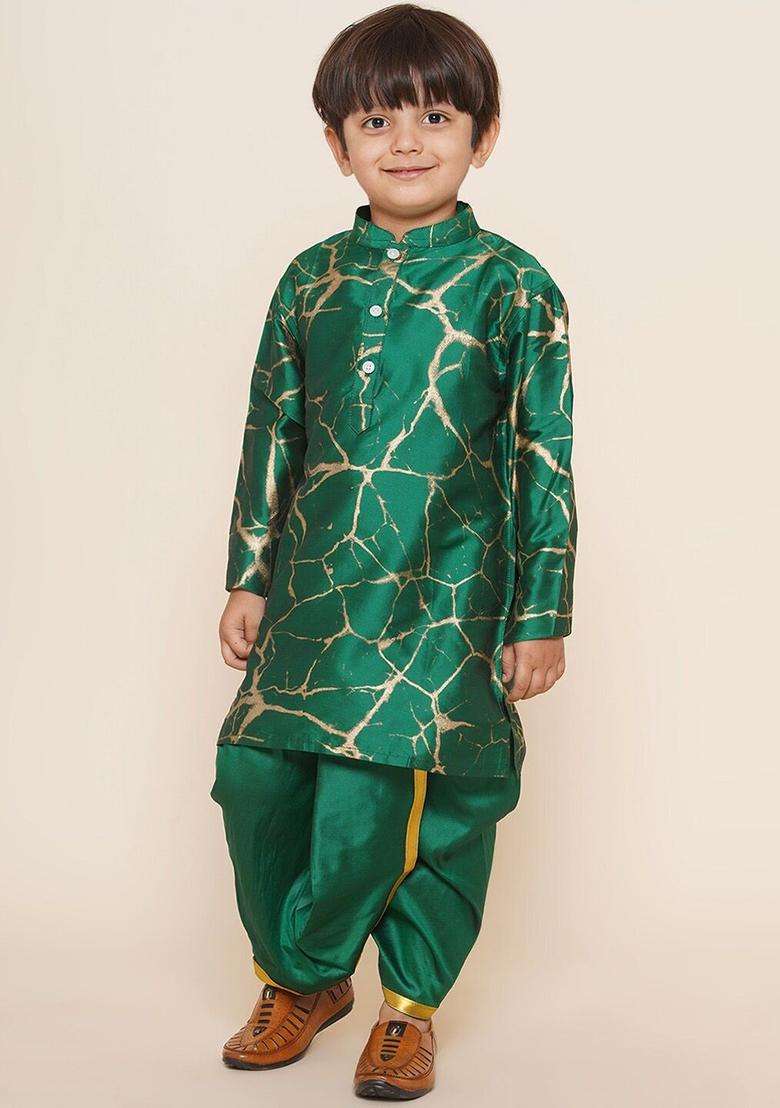Green Solid Art Silk Dhoti For Boys  - Indya