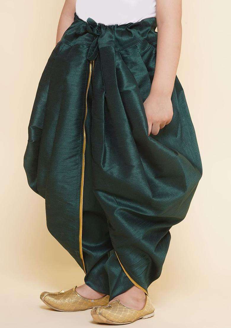 Green Solid Art Silk Dhoti For Boys  - Indya