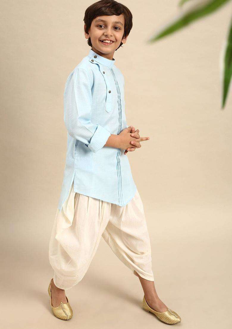 Off White Solid Art Silk Dhoti For Boys  - Indya