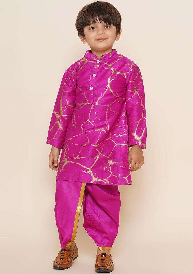 Pink Solid Art Silk Dhoti For Boys  - Indya