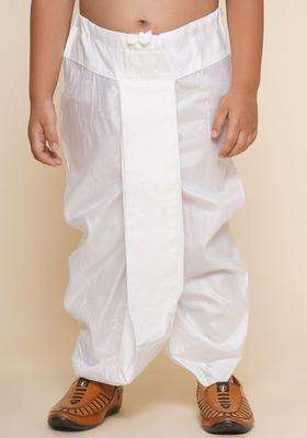 White Solid Art Silk Dhoti For Boys 