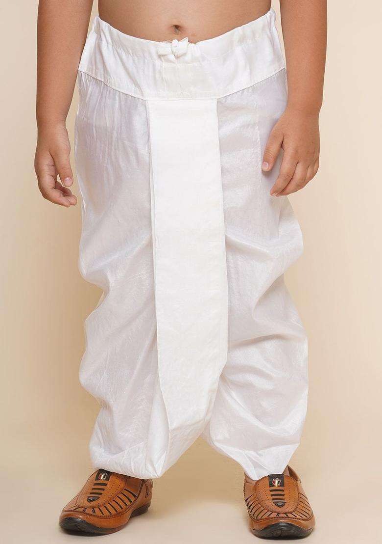White Solid Art Silk Dhoti For Boys  - Indya