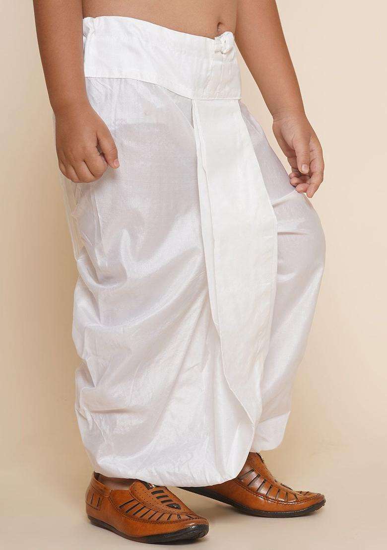 White Solid Art Silk Dhoti For Boys  - Indya