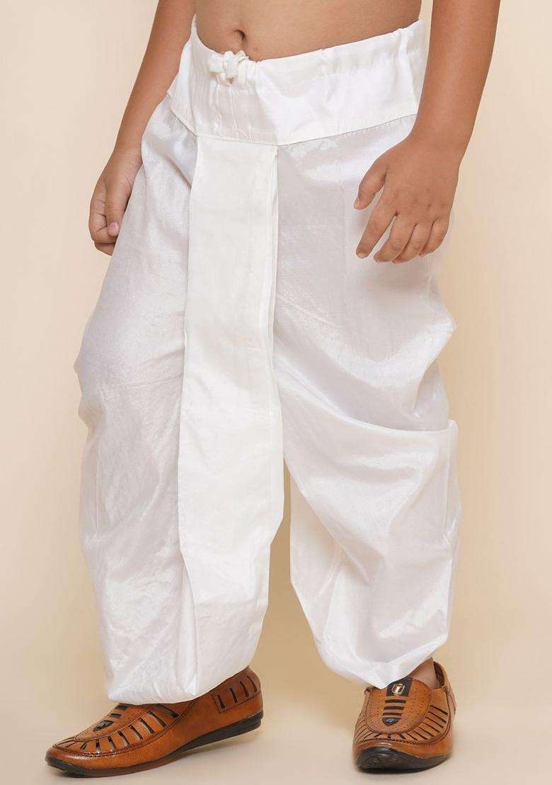 White Solid Art Silk Dhoti For Boys  - Indya