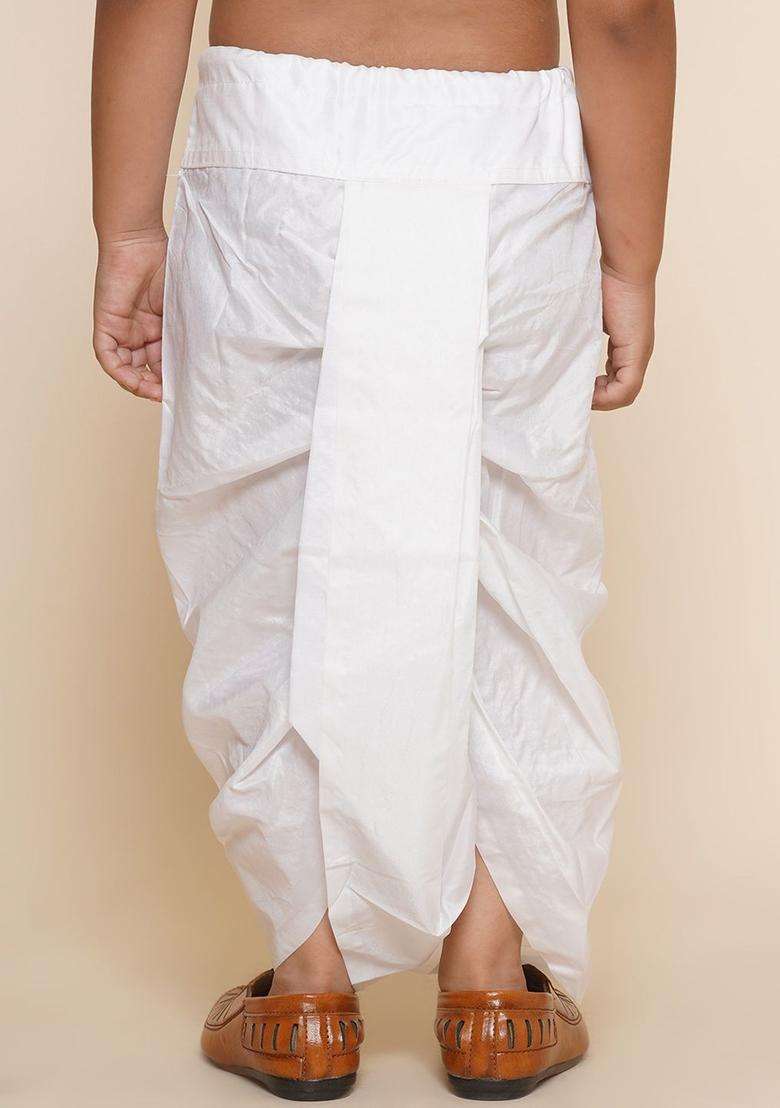 White Solid Art Silk Dhoti For Boys  - Indya