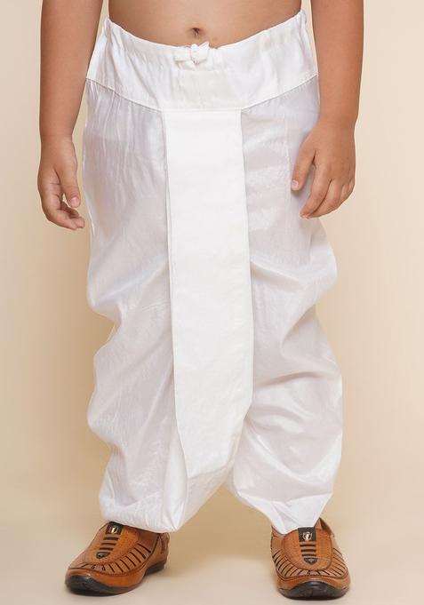 White Solid Art Silk Dhoti For Boys 