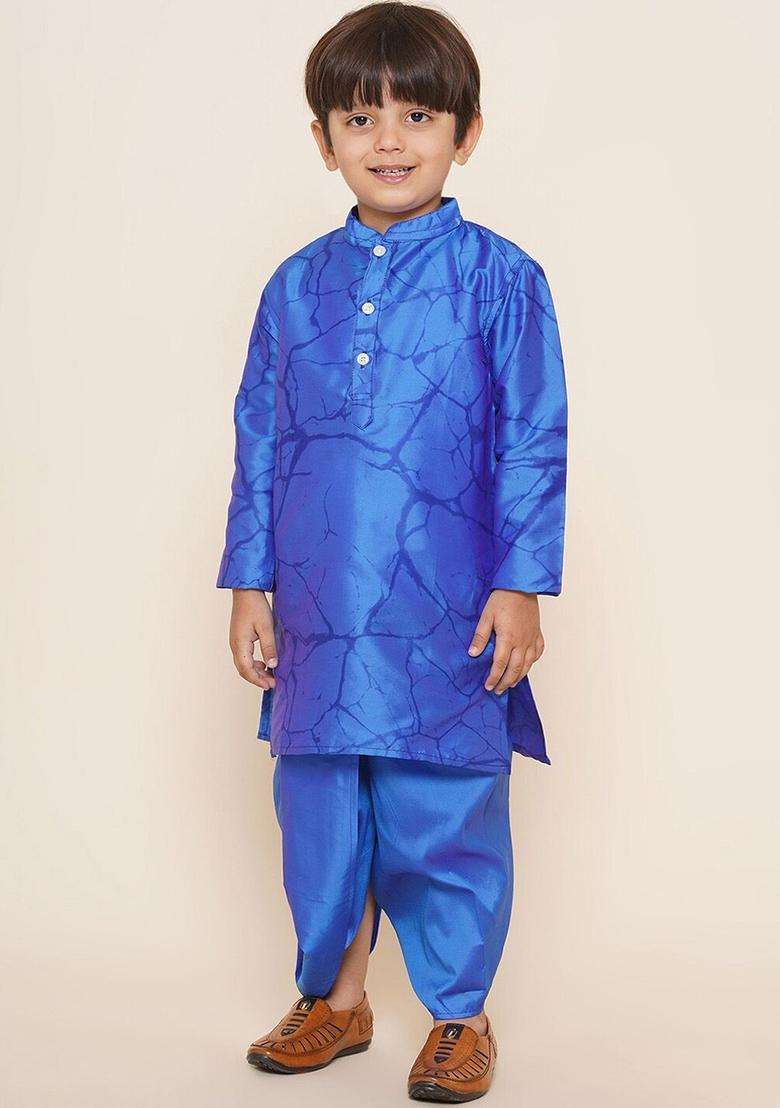 Blue Solid Art Silk Dhoti For Boys  - Indya