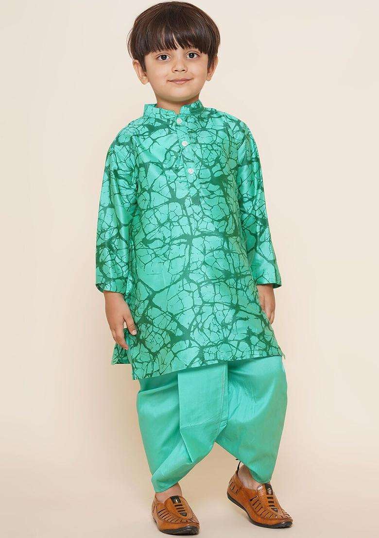 Green Solid Art Silk Dhoti For Boys  - Indya