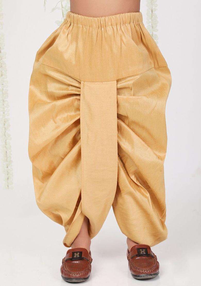 Gold Solid Silk Dhoti For Boys  - Indya