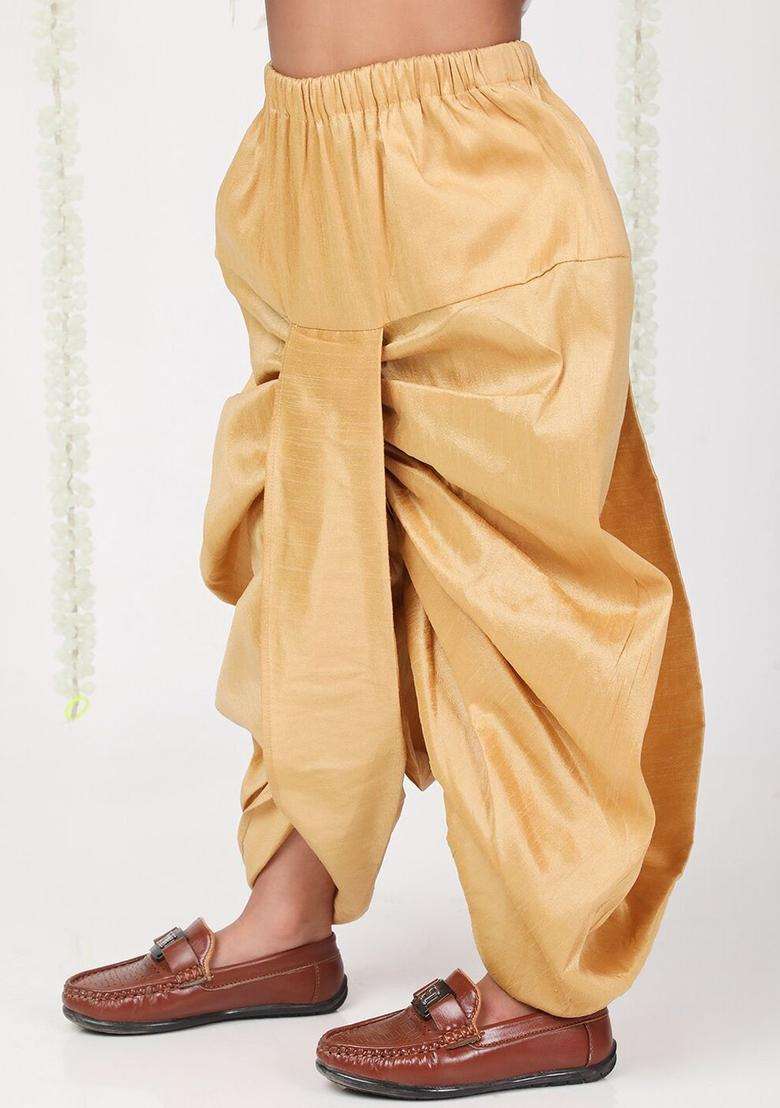 Gold Solid Silk Dhoti For Boys  - Indya