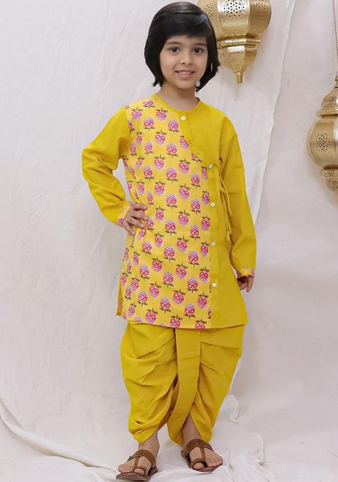 Yellow Printed Cotton Dhoti For Boys 