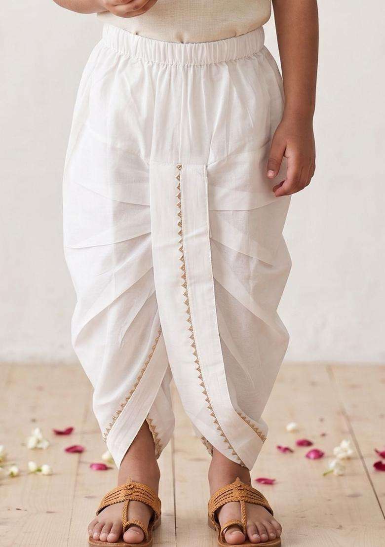 White Solid Cotton Dhoti For Boys  - Indya