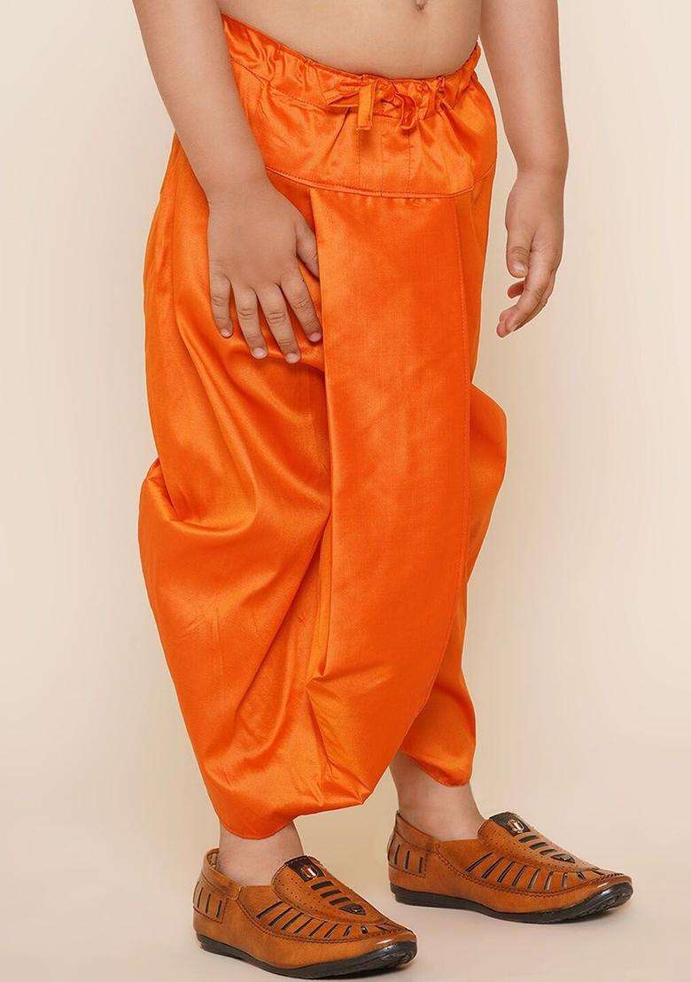 Orange Solid Art Silk Dhoti For Boys  - Indya