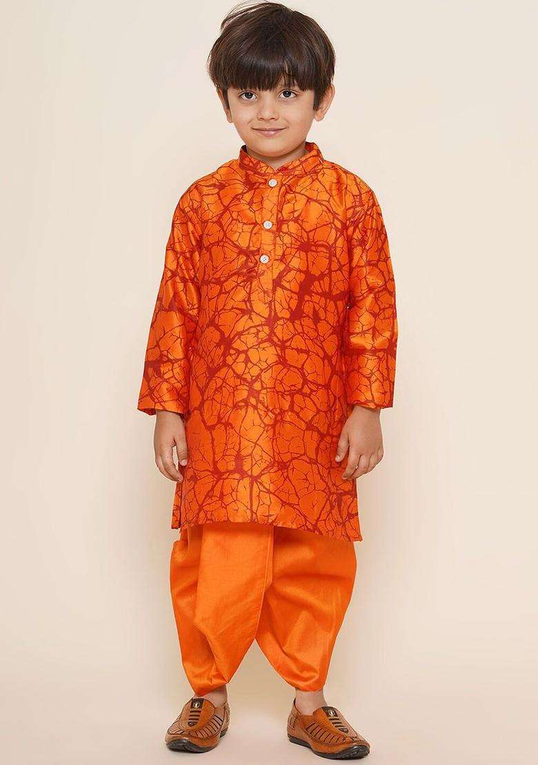 Orange Solid Art Silk Dhoti For Boys  - Indya