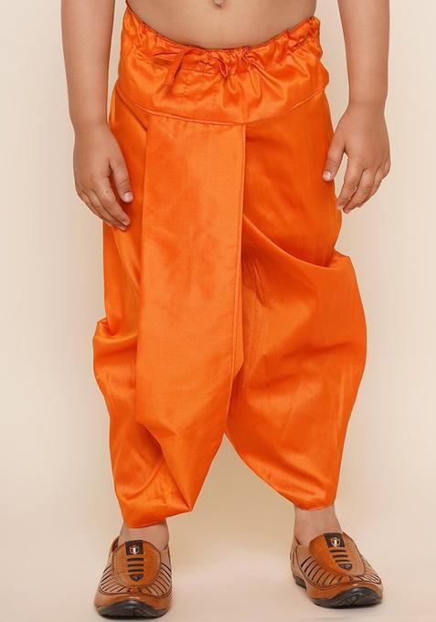 Orange Solid Art Silk Dhoti For Boys 