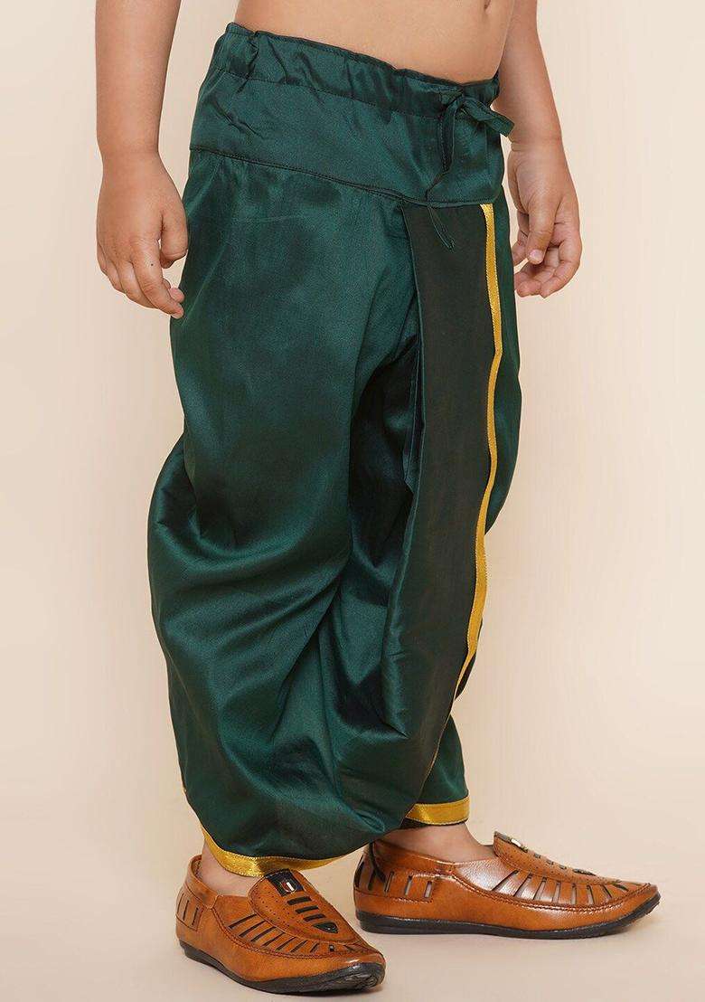Green Solid Art Silk Dhoti For Boys  - Indya