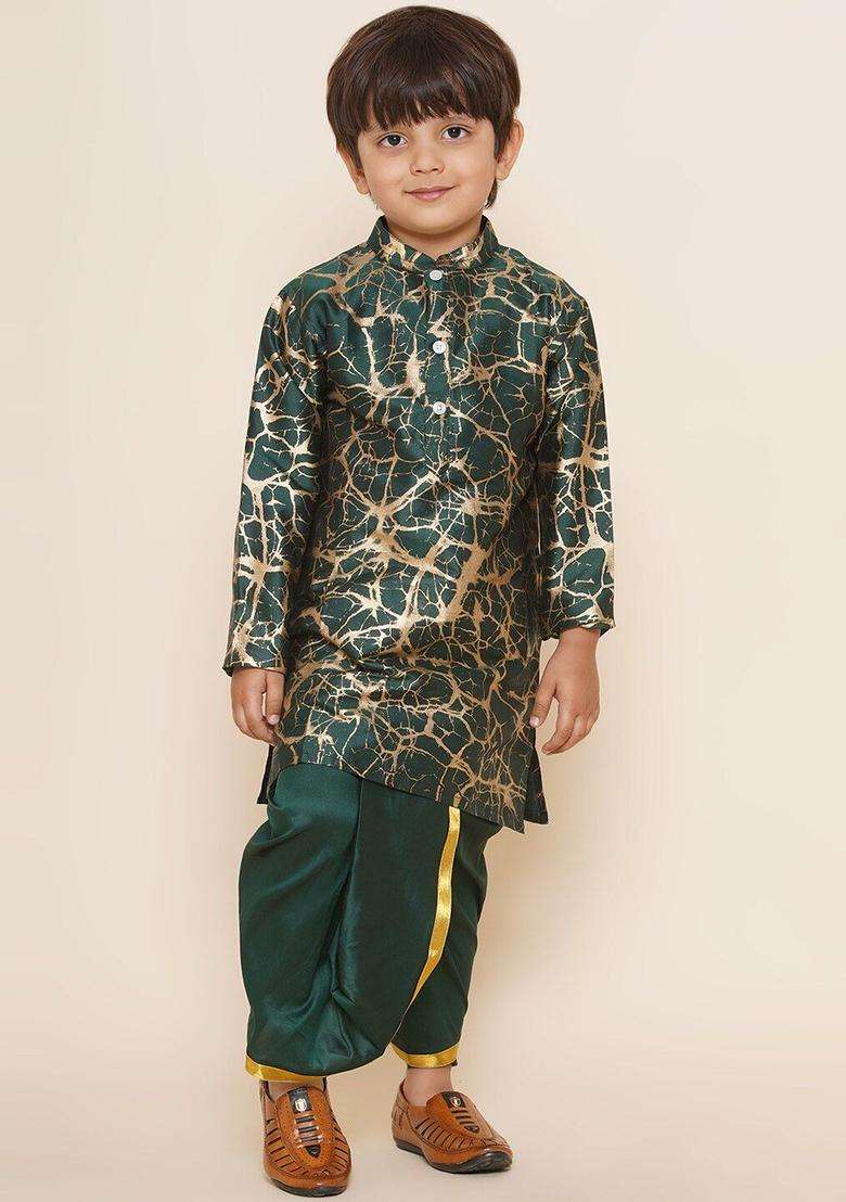 Green Solid Art Silk Dhoti For Boys  - Indya