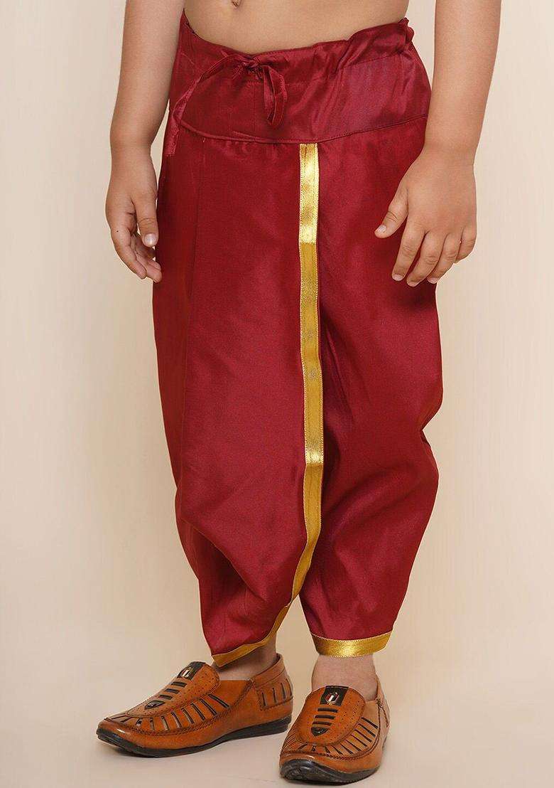 Maroon Solid Art Silk Dhoti For Boys  - Indya