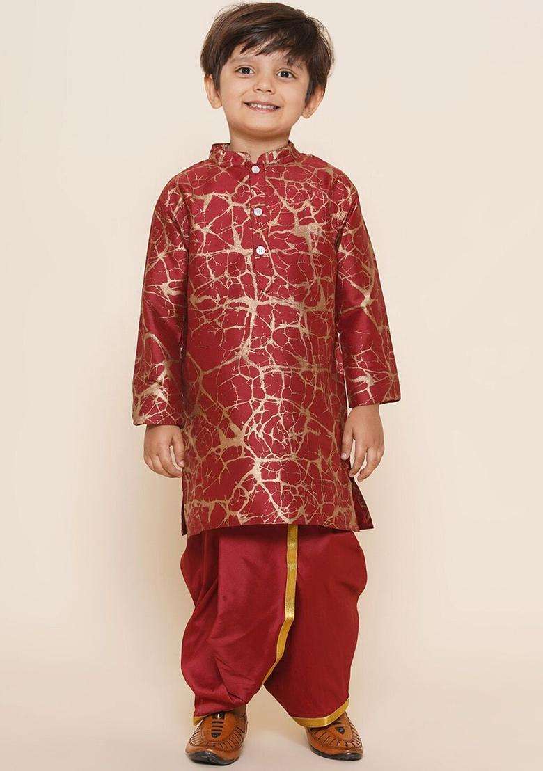 Maroon Solid Art Silk Dhoti For Boys  - Indya