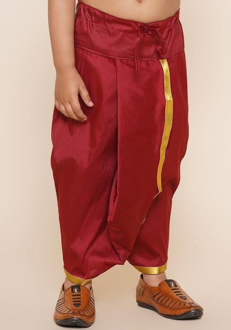 Maroon Solid Art Silk Dhoti For Boys 