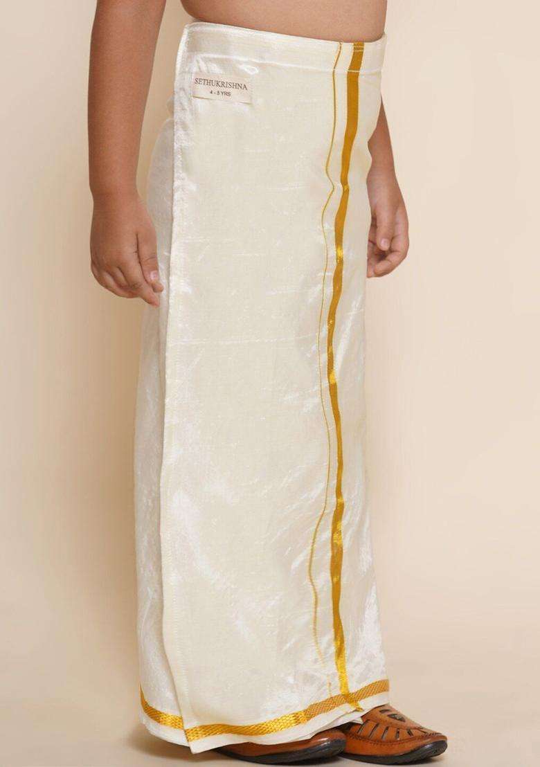 Cream Solid Art Silk Dhoti For Boys  - Indya