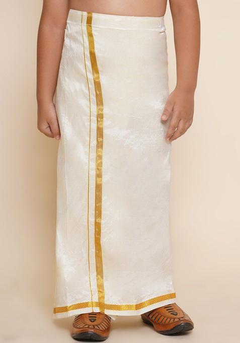 Cream Solid Art Silk Dhoti For Boys 