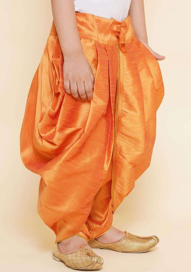 Orange Solid Art Silk Dhoti For Boys  - Indya