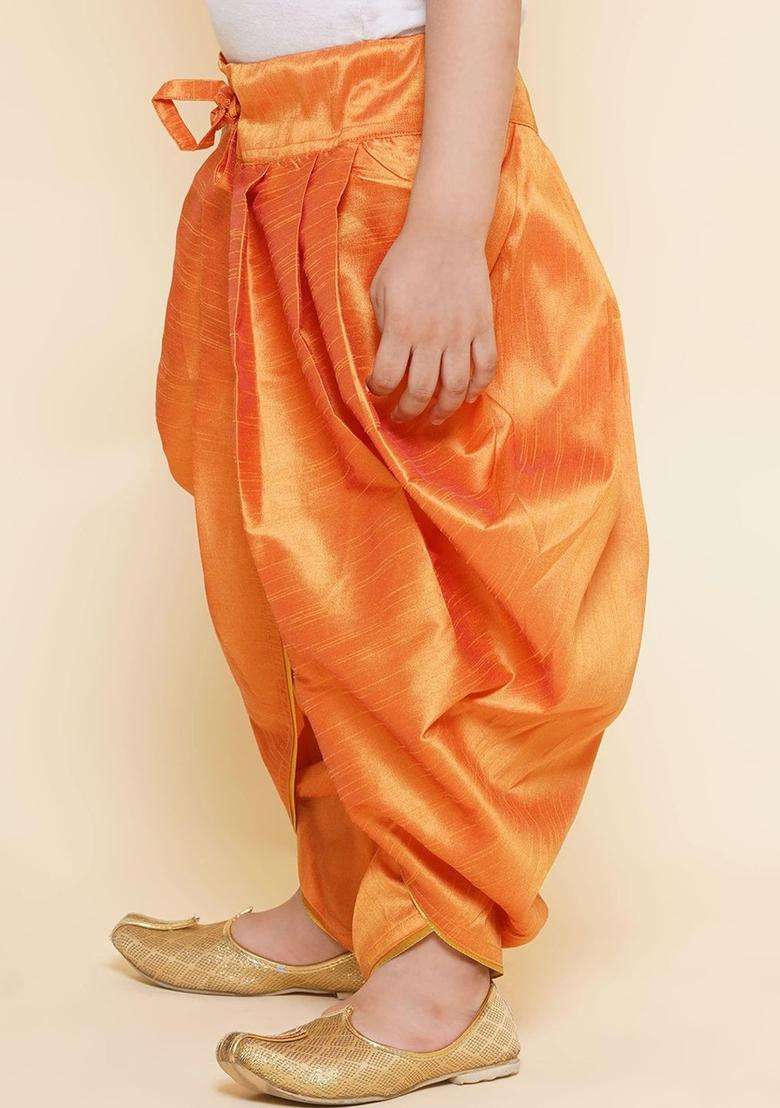 Orange Solid Art Silk Dhoti For Boys  - Indya