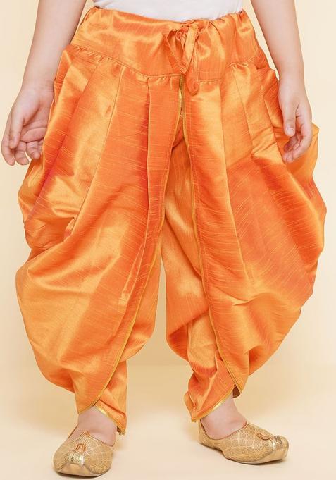 Orange Solid Art Silk Dhoti For Boys 