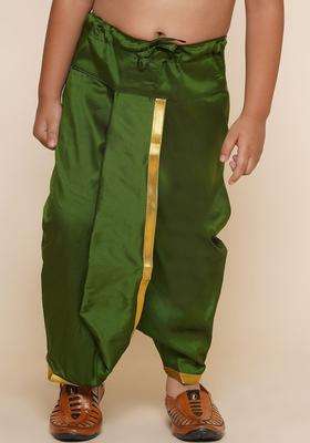 Olive Solid Art Silk Dhoti For Boys 