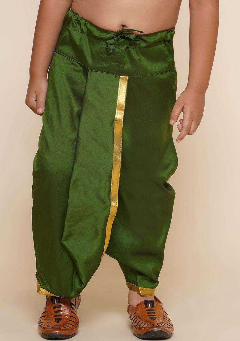 Olive Solid Art Silk Dhoti For Boys  - Indya