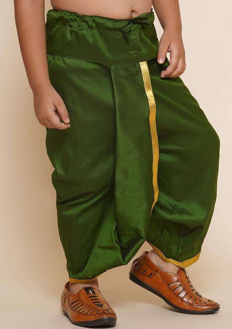 Olive Solid Art Silk Dhoti For Boys  - Indya