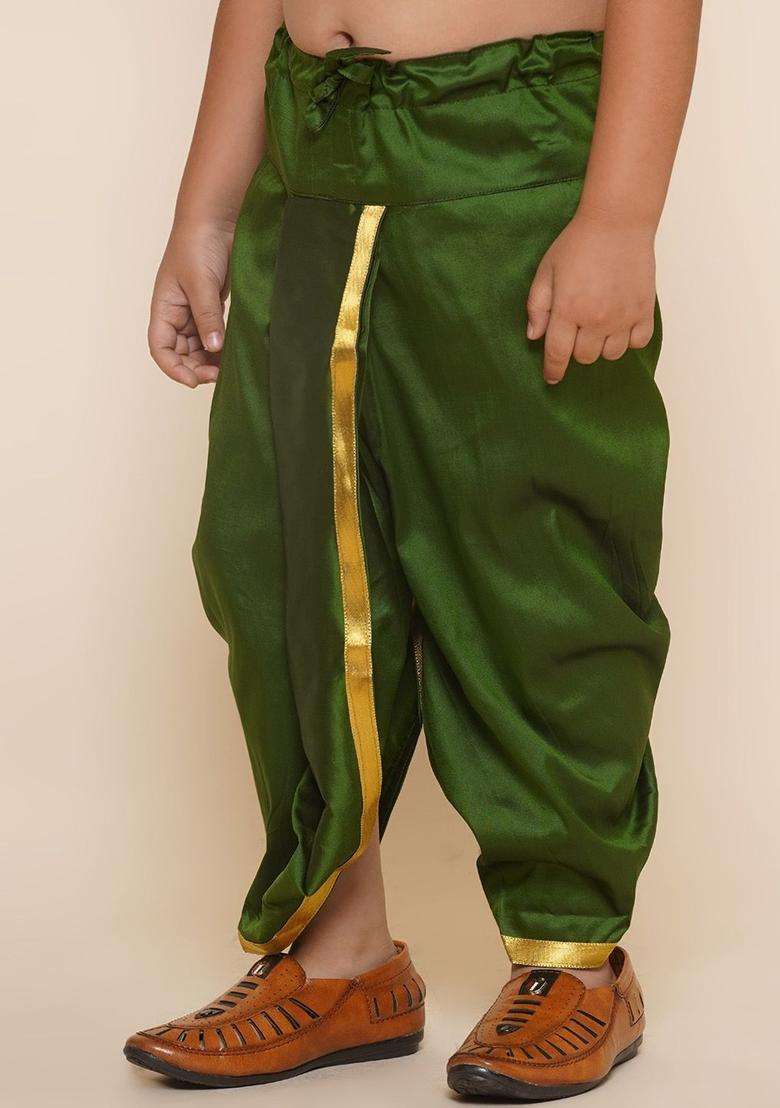 Olive Solid Art Silk Dhoti For Boys  - Indya