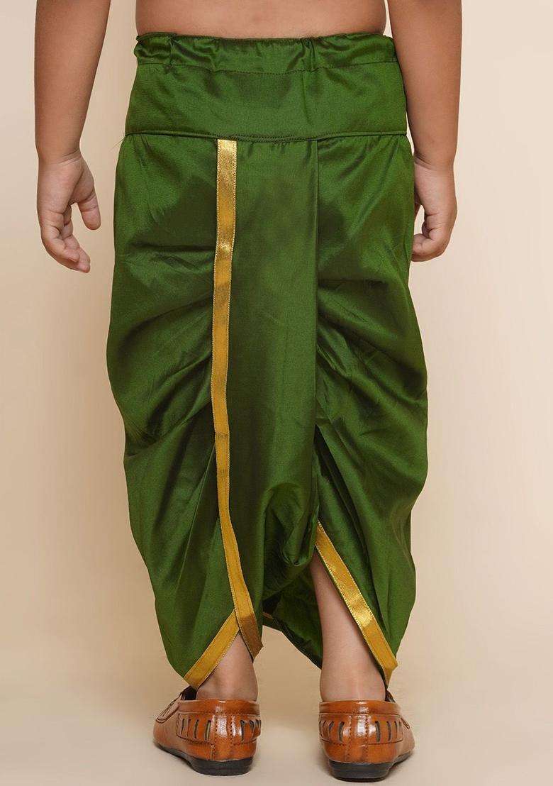 Olive Solid Art Silk Dhoti For Boys  - Indya