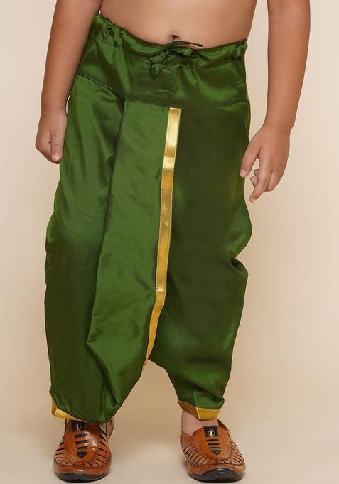 Olive Solid Art Silk Dhoti For Boys 