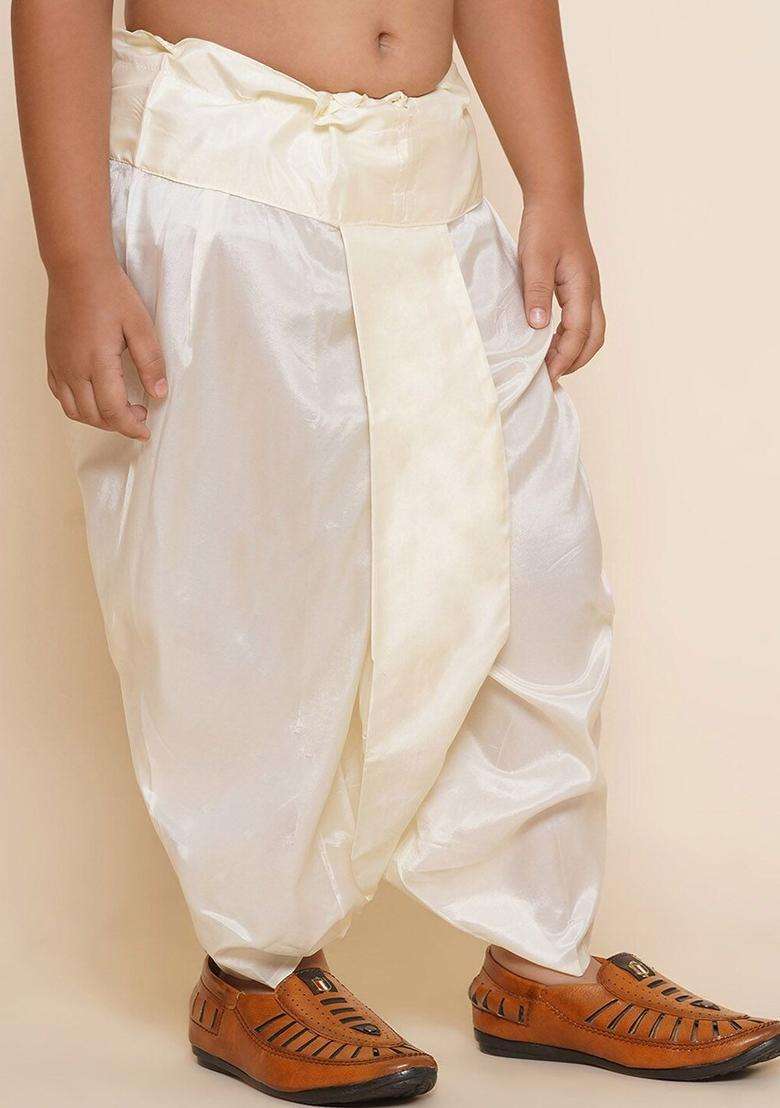 Cream Solid Art Silk Dhoti For Boys  - Indya