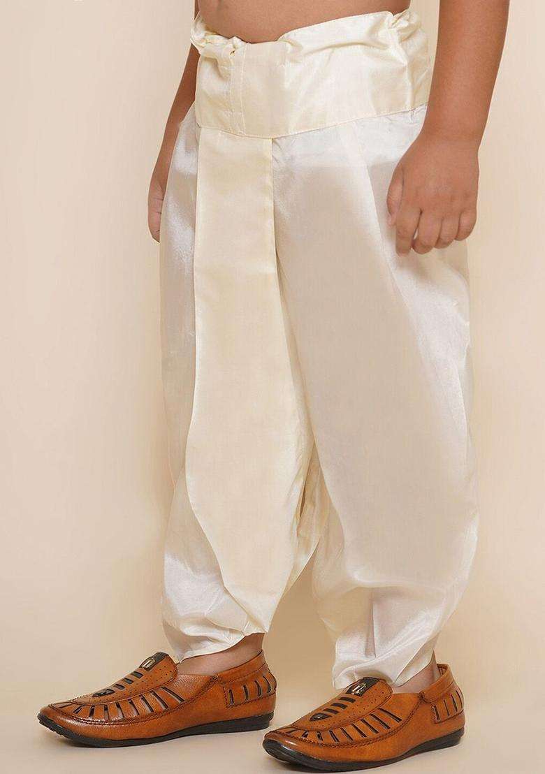 Cream Solid Art Silk Dhoti For Boys  - Indya
