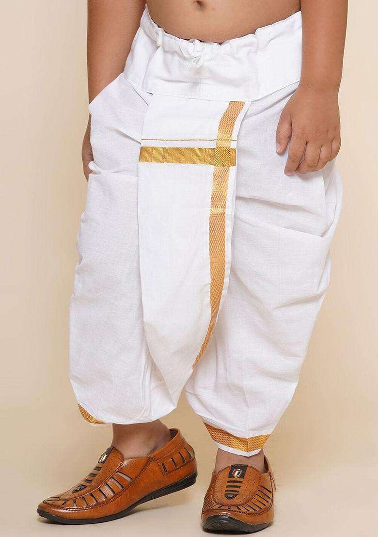 White Solid Cotton Dhoti For Boys  - Indya