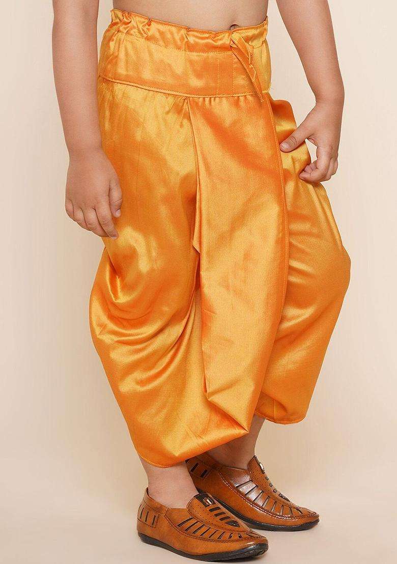 Yellow Solid Art Silk Dhoti For Boys  - Indya