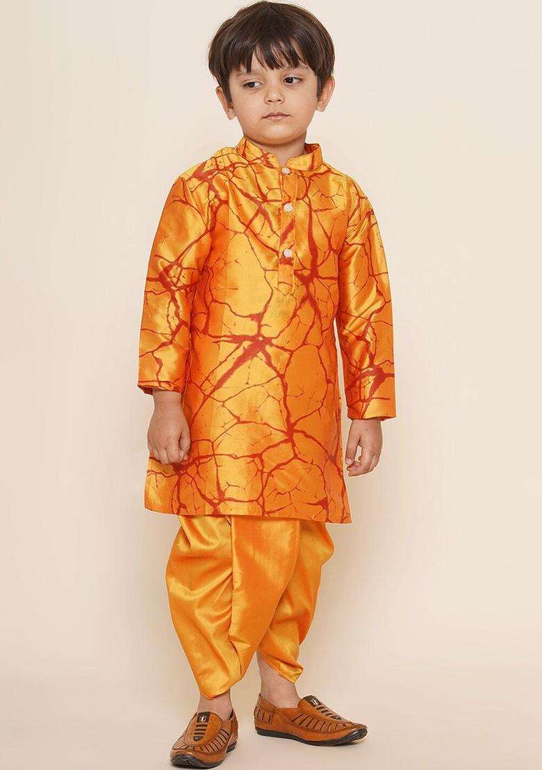Yellow Solid Art Silk Dhoti For Boys  - Indya