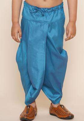 Turquoise Blue Solid Art Silk Dhoti For Boys 