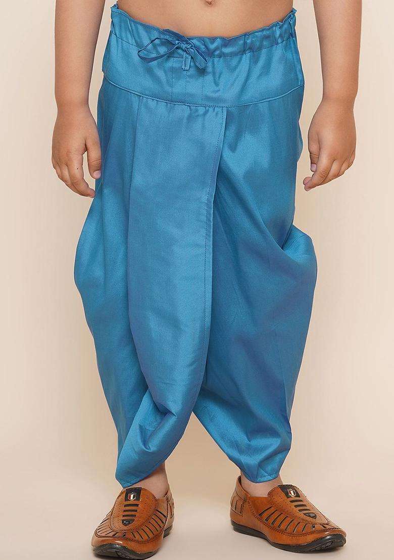 Turquoise Blue Solid Art Silk Dhoti For Boys  - Indya