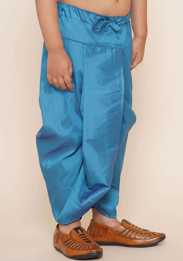 Turquoise Blue Solid Art Silk Dhoti For Boys  - Indya